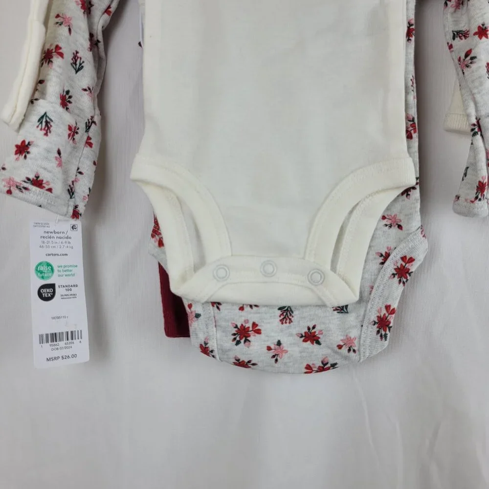 3pc Carter's Newborn Baby Girl Pants bodysuits Long sleeve Christmas Embroidered